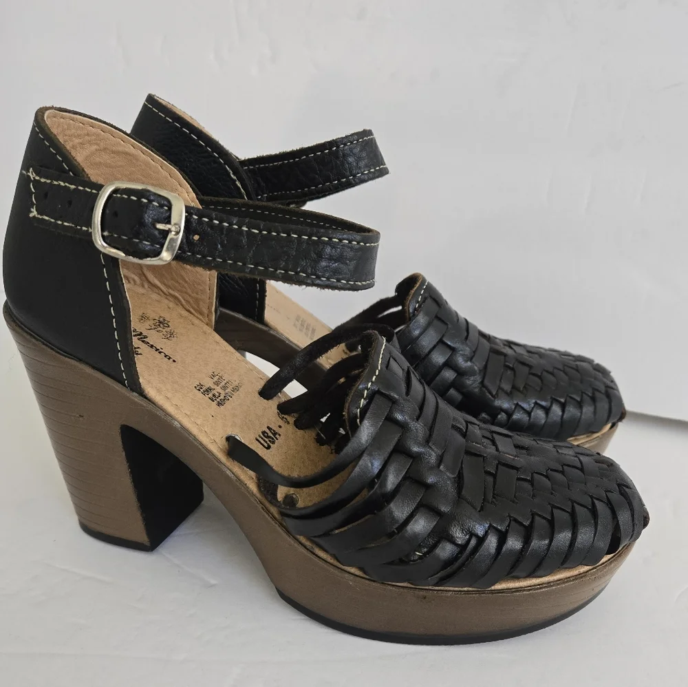 Black Leather Platform Ankle Strap Shoes size 6 Artisan made